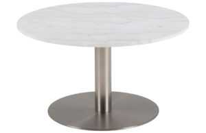 Scandi Bílý mramorový konferenční stolek Aron 80 cm s kartáčovanou chromovou podnoží